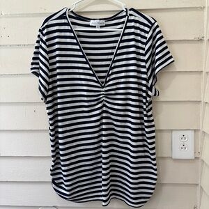 🔥5for$25🔥 Star Vixen Plus Size Blue & White Striped V Neck Ruched Tee Shirt